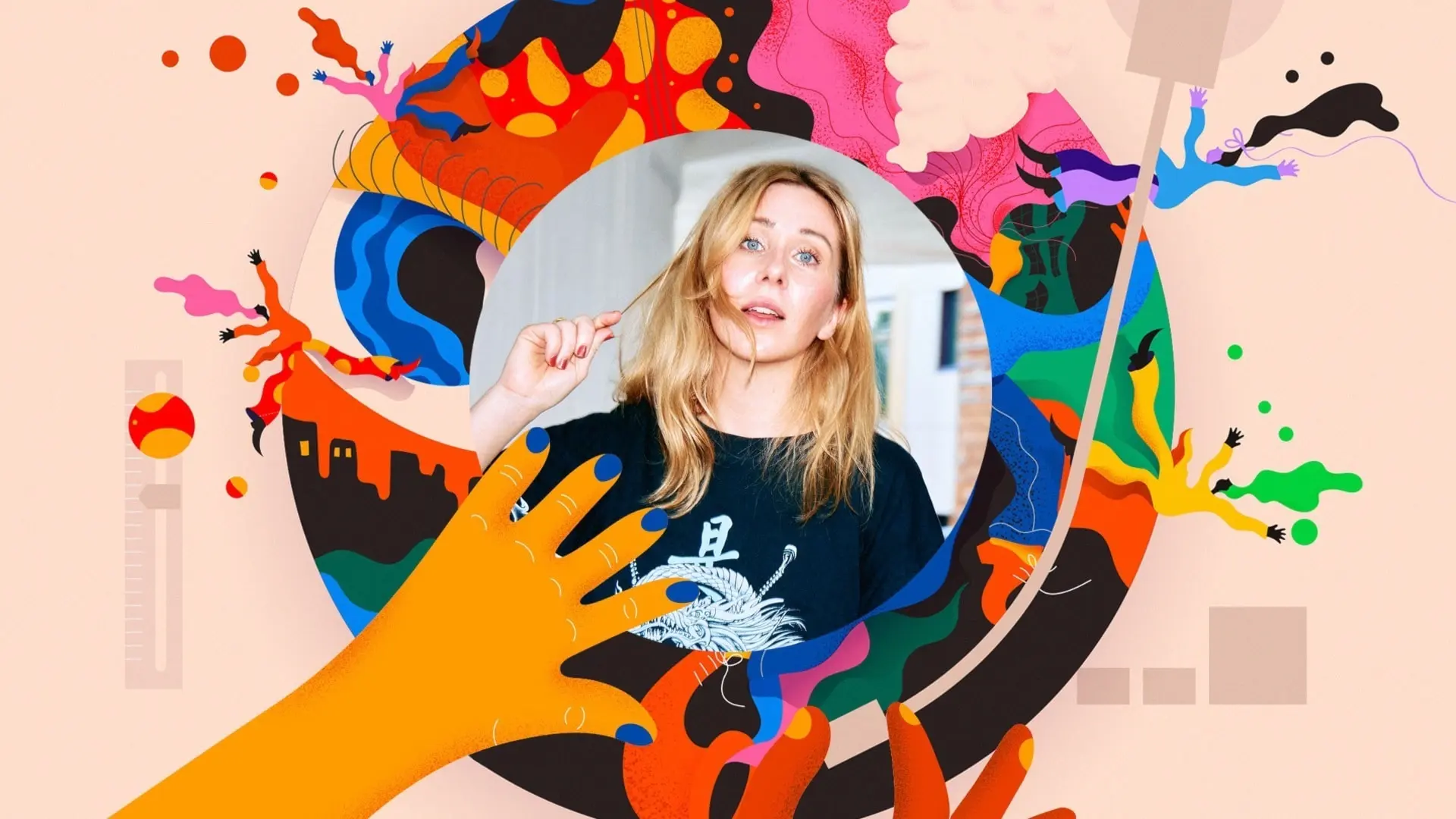 En illustration visar en färgglad vinylskiva. Två händer lägger skivan på plats i en vinylspelare. I mitten av skivan syns ett fotografi på Mayka.