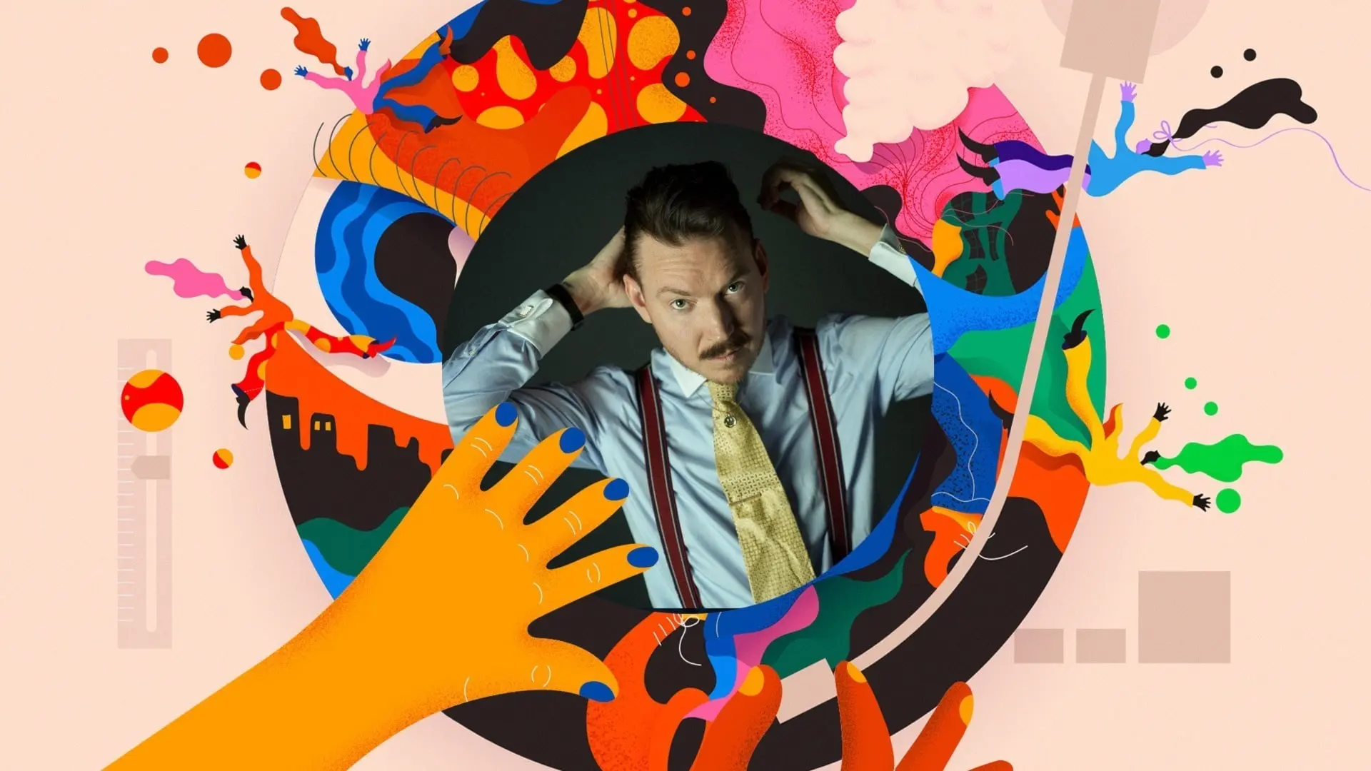 En illustration visar en färgglad vinylskiva. Två händer lägger skivan på plats i en vinylspelare. I mitten av skivan syns ett fotografi på Albin Myers iklädd skjorta och hängslen.