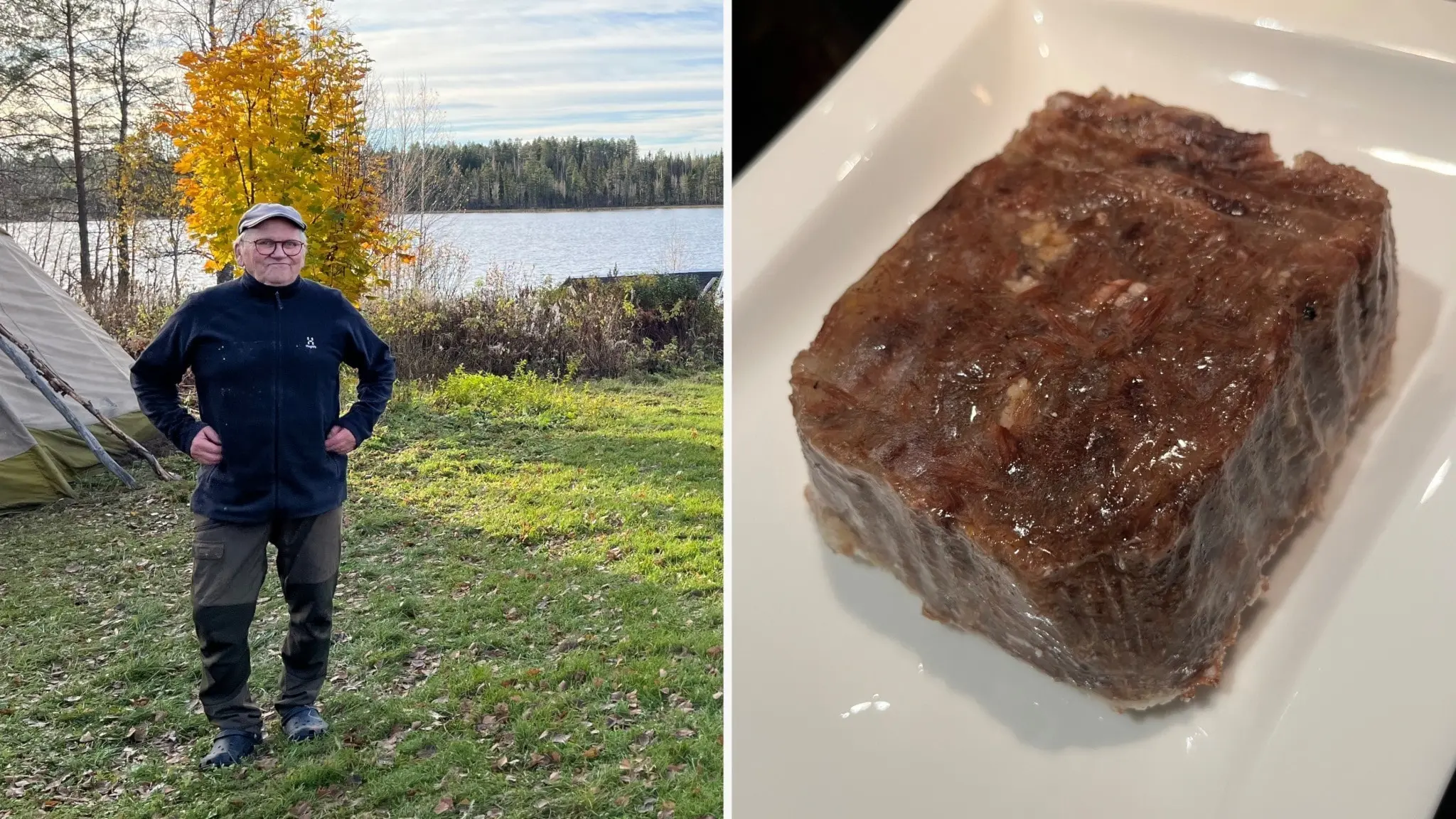 Splitbild med en man med glasögon på ena sidan och en sylta på andra sidan, maträtt.