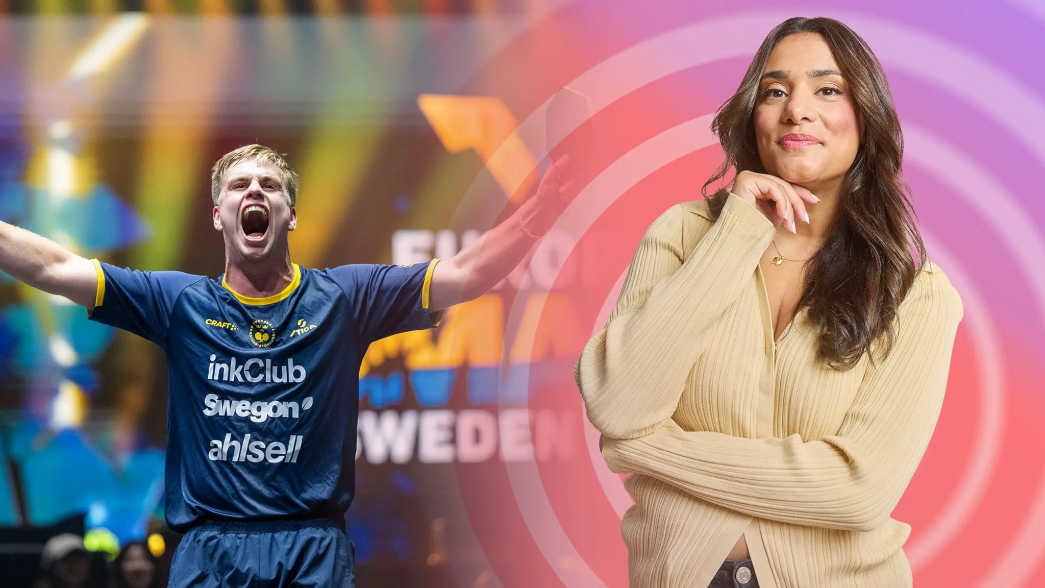 Farah Abadi står framför Nyhetsklubbens rosa bakgrund i halva bilden är pingisspelaren Truls Mörregårdh inklippt när han vinner och är mycket glad.