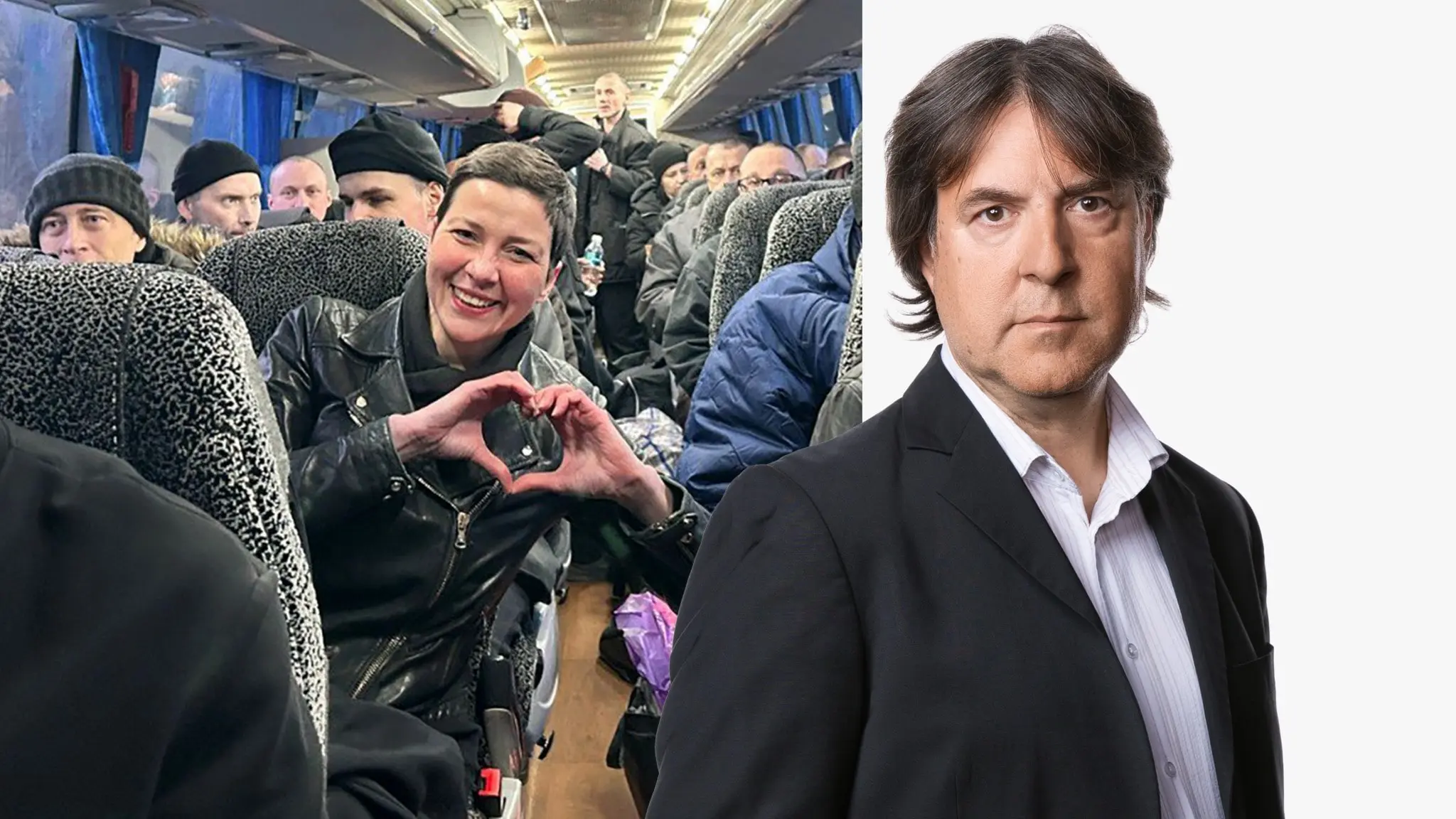 Tvådelad bild. Maria Kolesnikova på en buss med (till vänster). Fredrik Wadström (till höger).