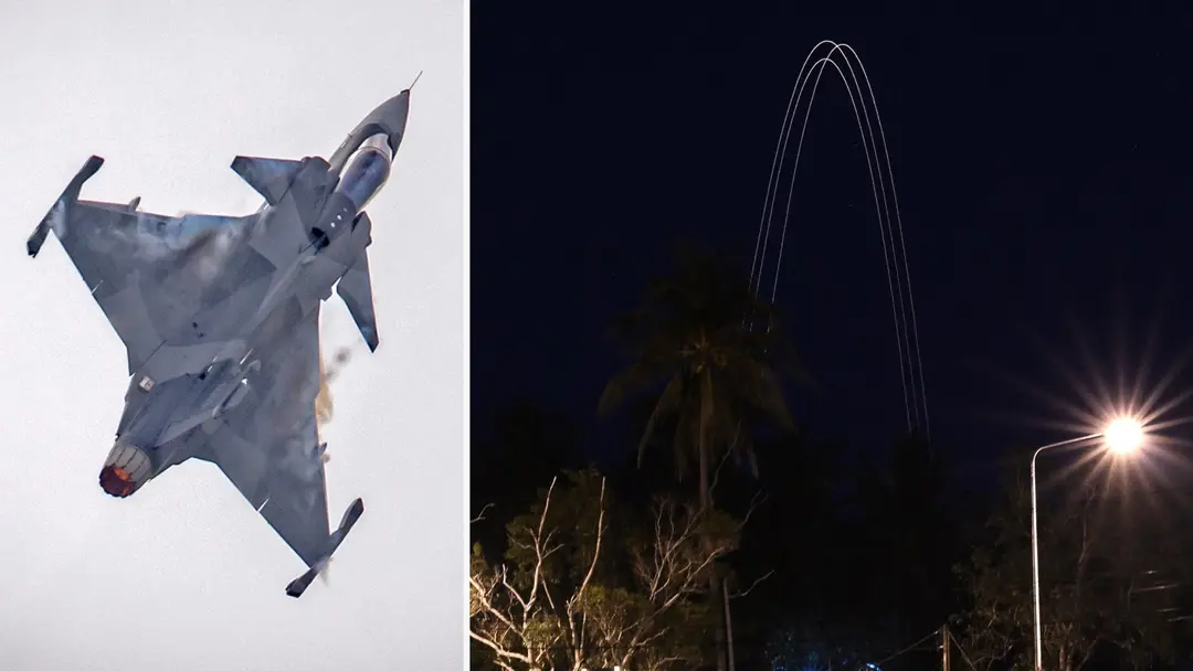 Ett stridsflygplan i luften över Thailand eller Kambodja till vänster och en nattscen med ljussken och palmer till höger, möjligen relaterat till militär aktivitet.