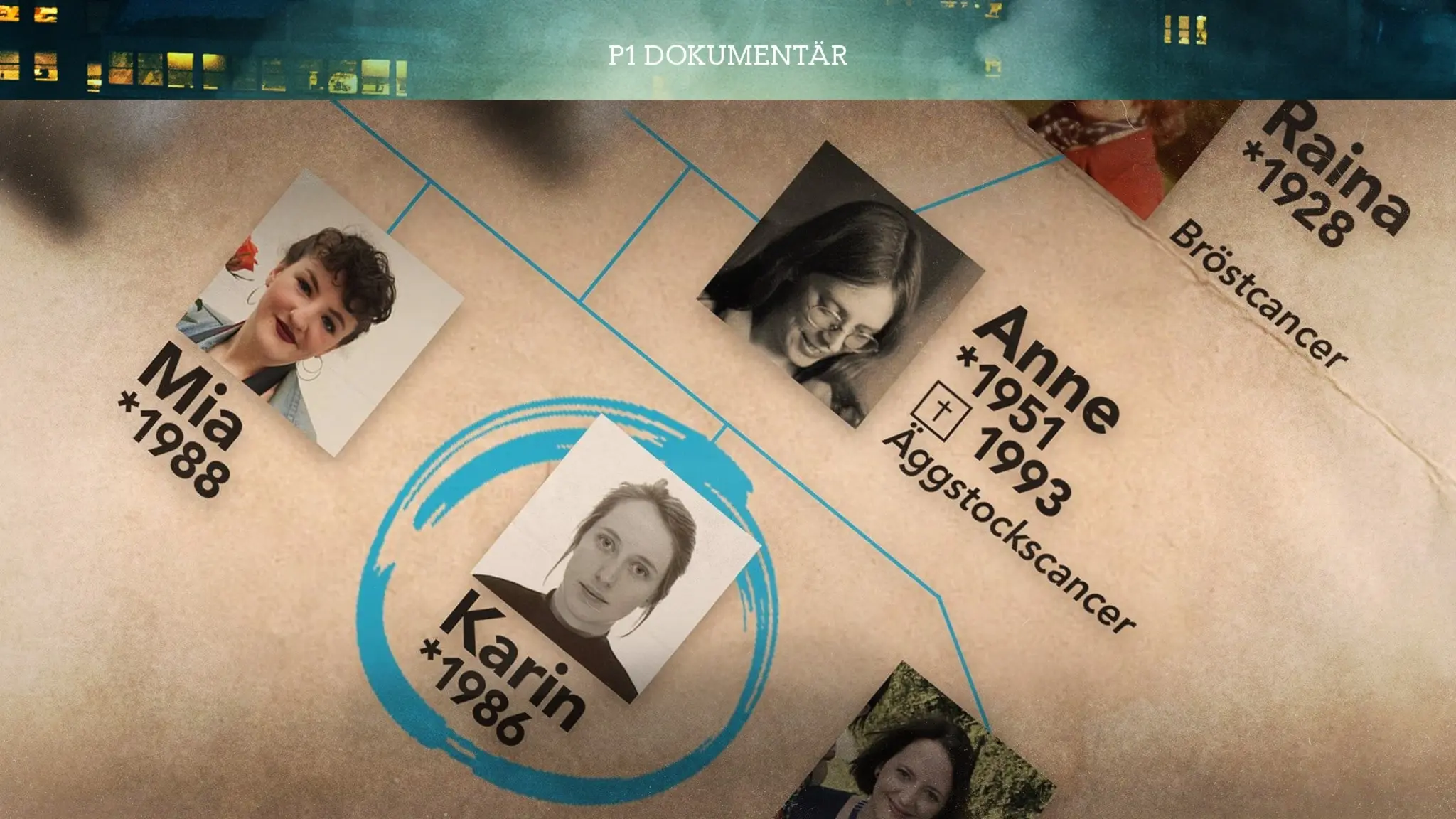 Ett släktträd visar fem kvinnor, där två har haft olika typer av cancer. Namnet Karin är inringat