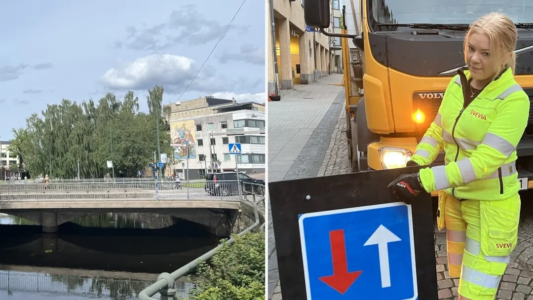 Till vänster: Bro över vatten. Till höger: En blond kvinna i gula kläder jobbar med att skylta om för trafiken.