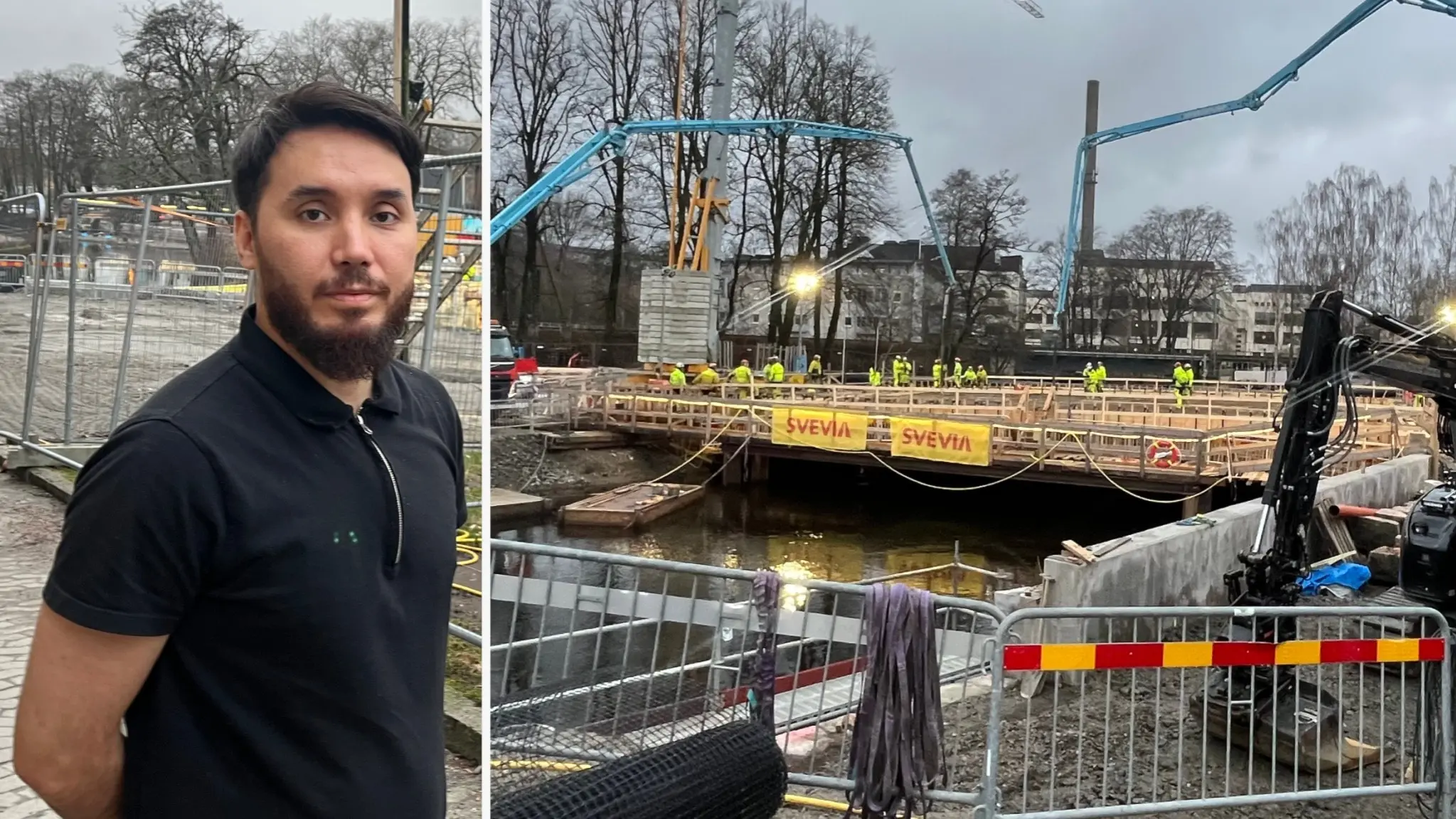 Amin Hashemi, restaurangägare i Borås, står vid en byggarbetsplats med en bro under konstruktion. Bakgrunden visar byggkranar, avspärrningar och en gråmulen himmel.
