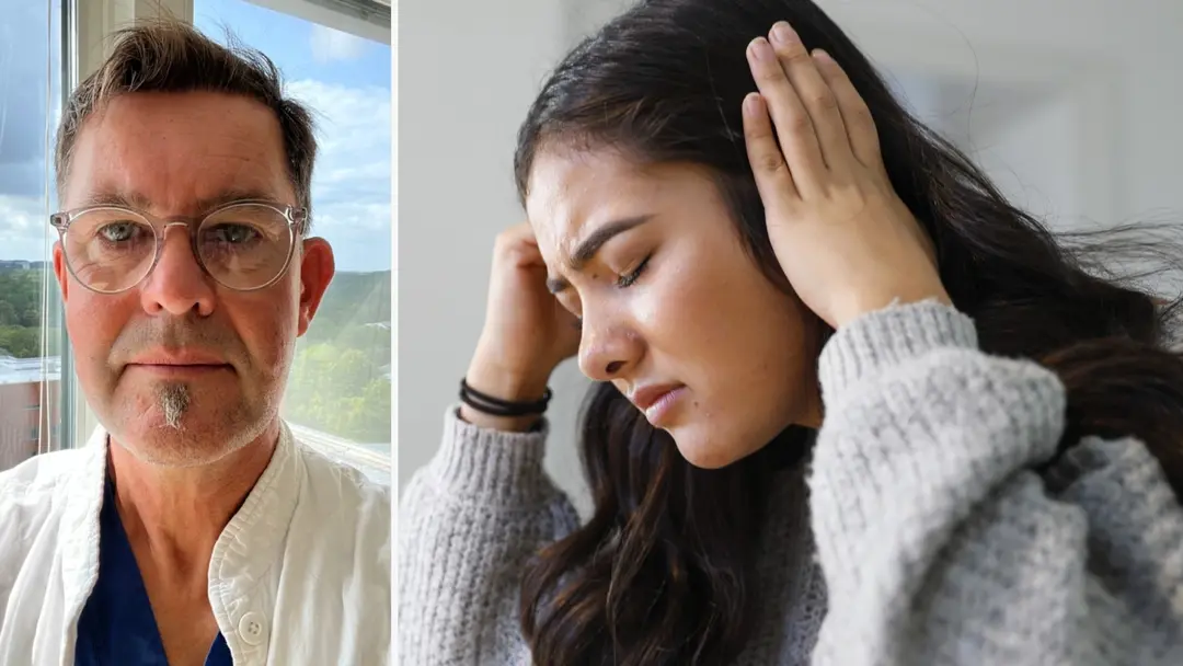 Mattias Linde, medicinskt ansvarig överläkare på regional migränmottagning vid Sahlgrenska och professor i neurologi, samt en ung kvinna som håller händerna mot sitt huvud i en gest som antyder huvudvärk.