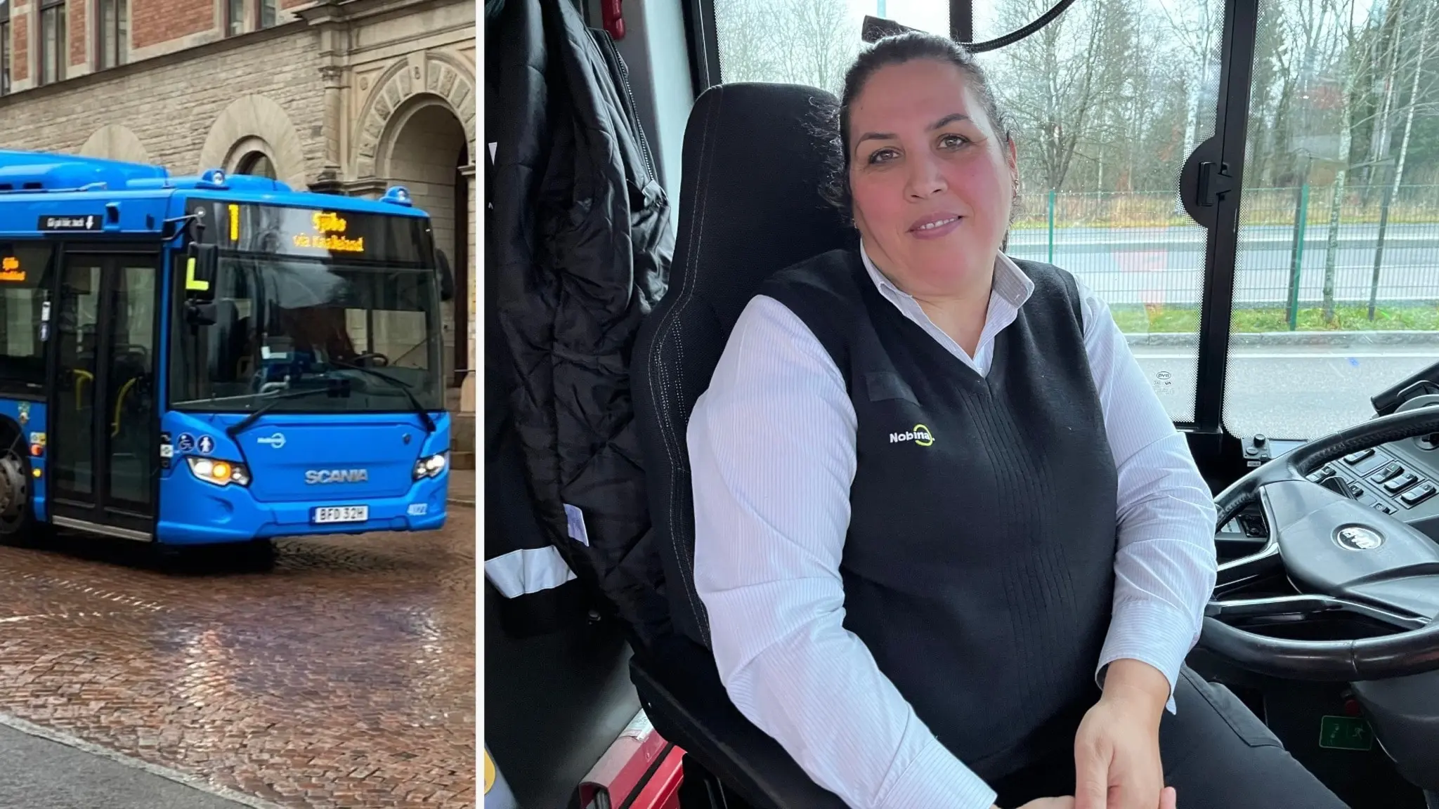 En blå stadsbuss står parkerad på en kullerstensgata. Till höger syns busschauffören Remzije Sahiti i uniform, sittande i bussens förarsäte.