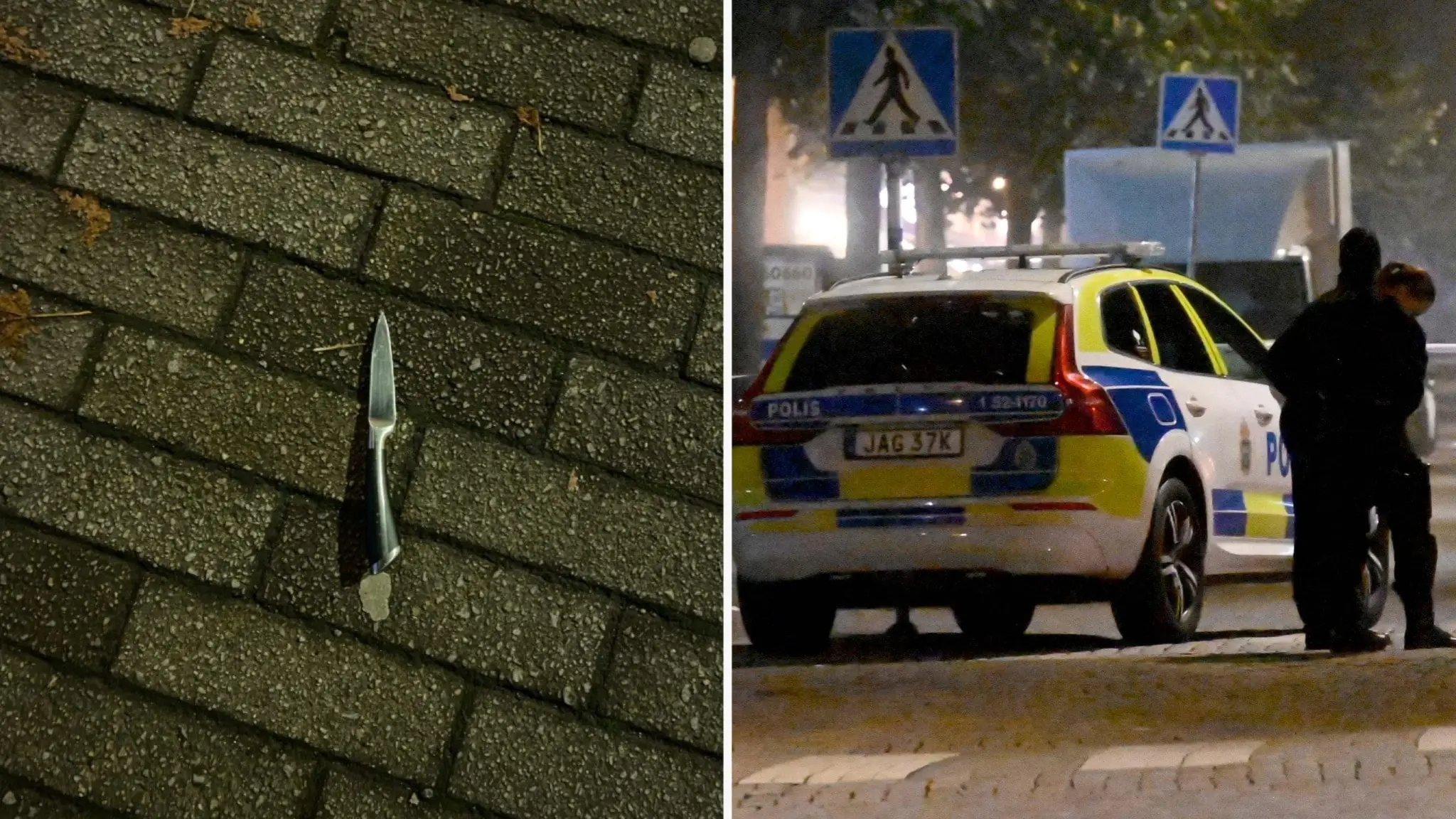 Bildmontage visar en kniv på marken och en polisbil med två poliser vid en övergångsställe.