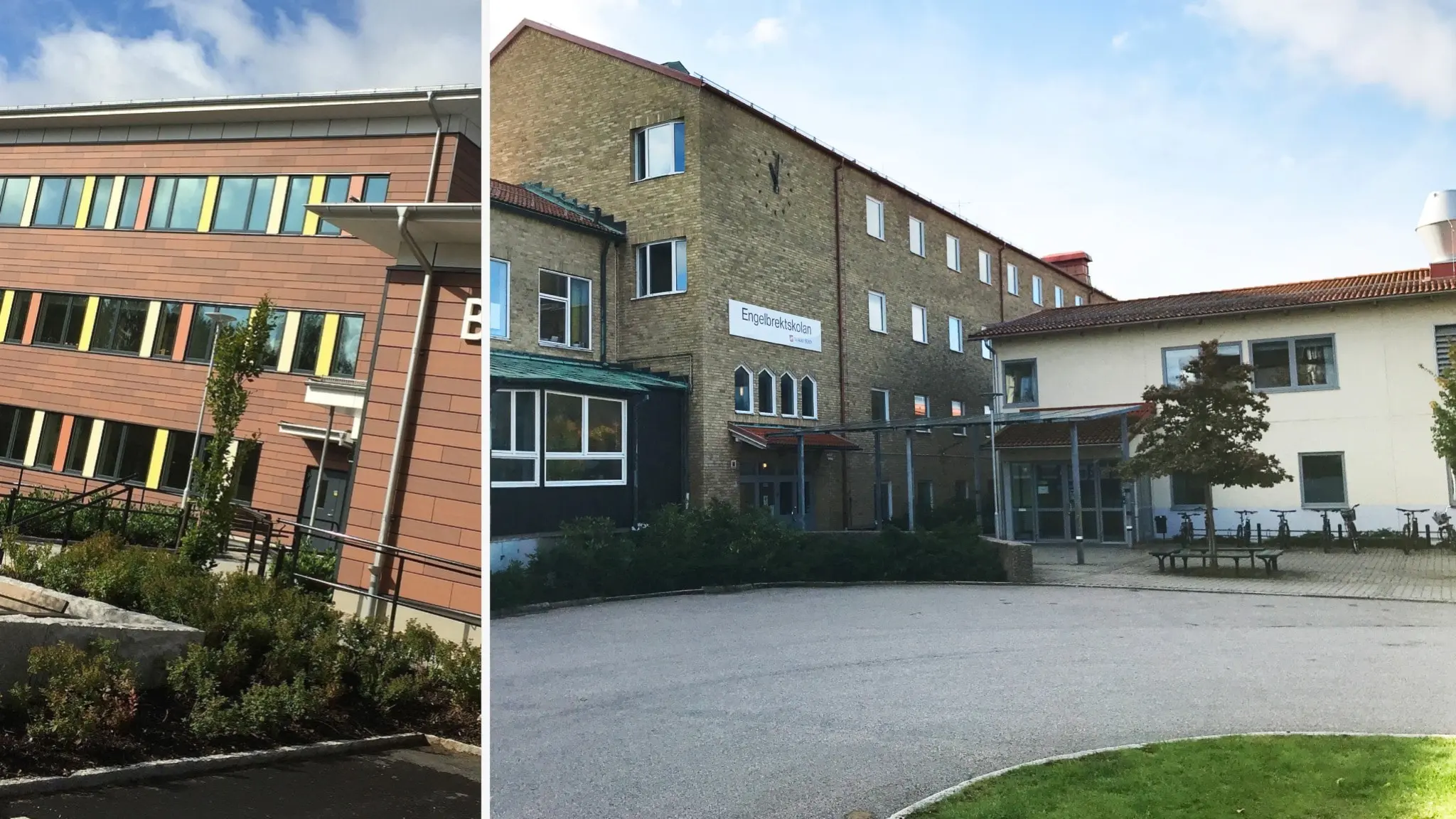 Bildmontage av två skolbyggnader, Bodaskolan och Engelbrektskolan. Den ena är en modern röd tegelbyggnad, den andra en äldre gul tegelbyggnad med vita detaljer och entré med glasparti.