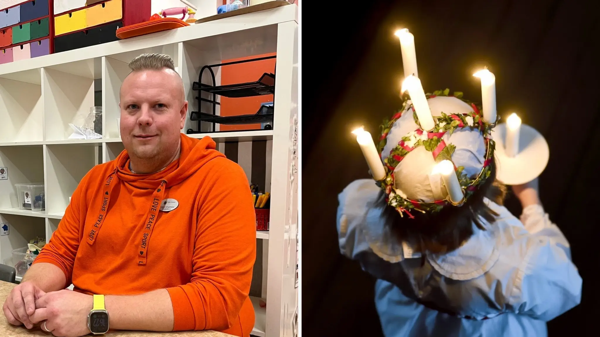 Förskolepedagog Kasper Engstrand i Hofors sitter vid ett bord i orange tröja. Bredvid syns en barnklädd Lucia bakifrån med ljuskrona och lucialinne, hållandes en ljusstake.