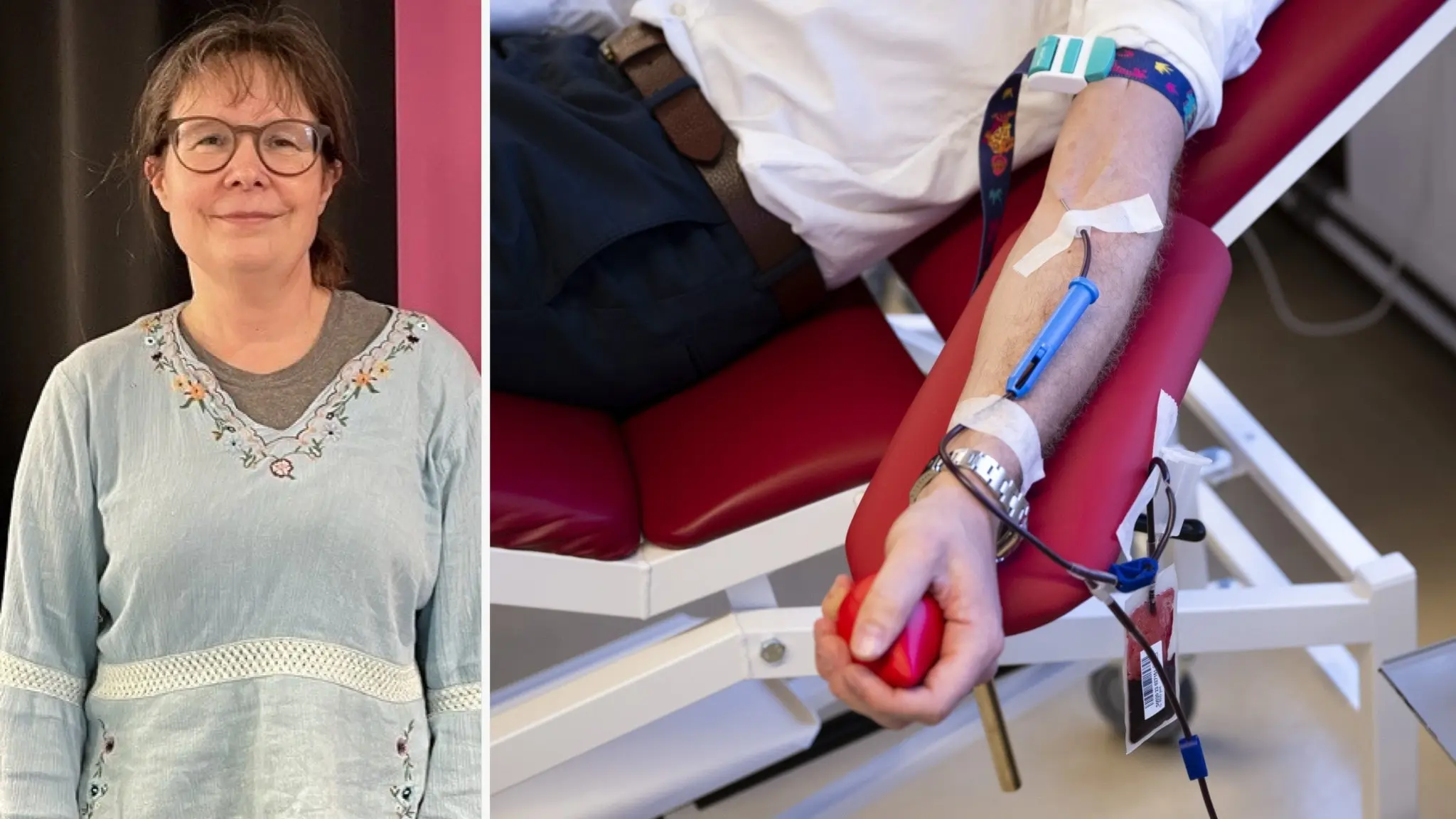 I bilden till vänster står Denise Fahlander framför en svart och rosa bakgrund med texten P4 synlig. Hon bär en ljusblå tröja med dekorativa detaljer och svarta byxor. I bilden till höger ligger en person i en röd stol och donerar blod. En nål är fäst vid armen, och blodpåsen syns bredvid en medicinsk apparat.