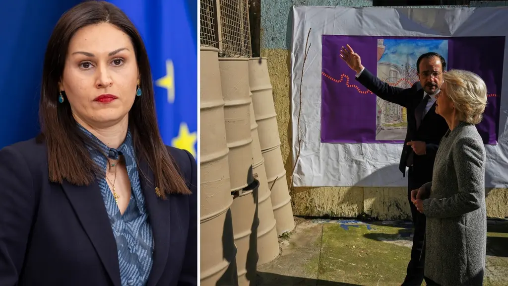 T.v Cyperns biträdande Europaminister Marilena Raouna. T.h Cyperns president Nikos Christodoulides och Europeiska kommissionens ordförande Ursula von der leyen