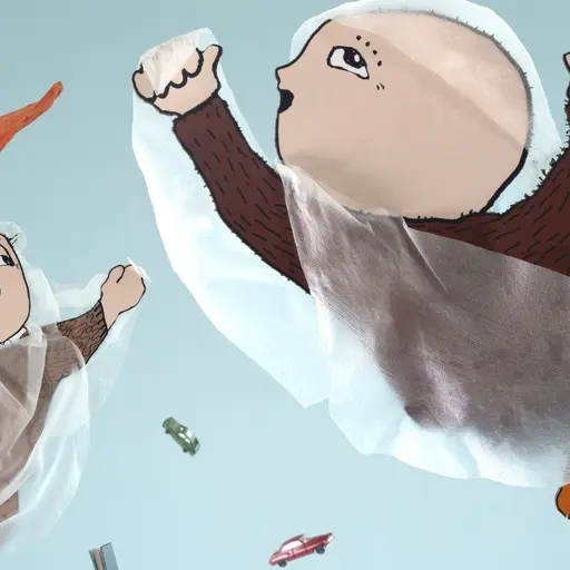 Två tecknade figurer, inklusive Alfons Åberg, leker med vita tygstycken som de håller över sig. Bakgrunden är ljusblå med små föremål som hattar och leksaker utspridda.