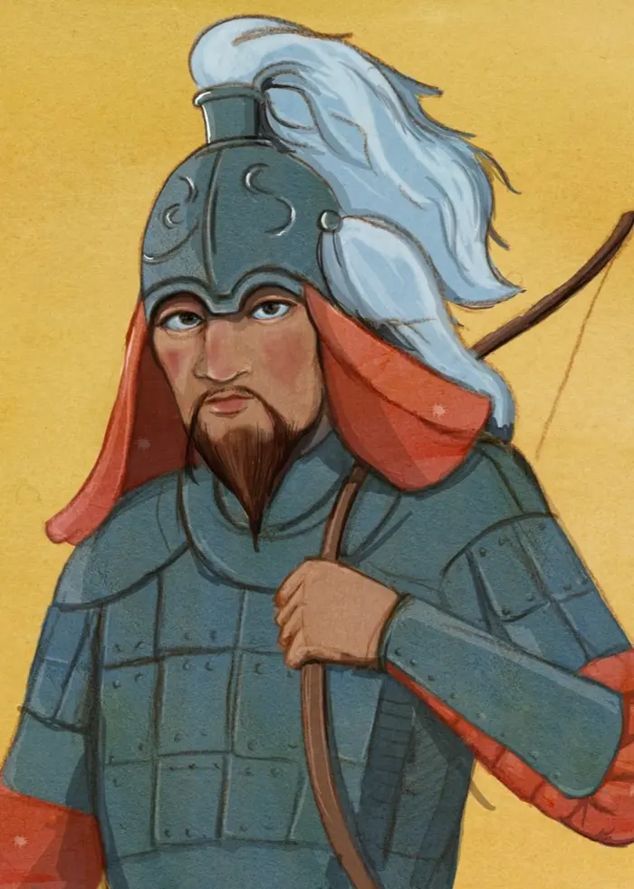 Piirros Tšingis-kaanista, mongolien valtakunnan perustajasta, pukeutuneena perinteiseen panssariin ja kypärään, kädessään jousi. Kuva liittyy Historierummet på finska -ohjelmaan.
Illustration av Djingis Khan, grundaren av det mongoliska riket, klädd i traditionell rustning och hjälm, med en båge i handen.
Illustration: Charlotte Heyman