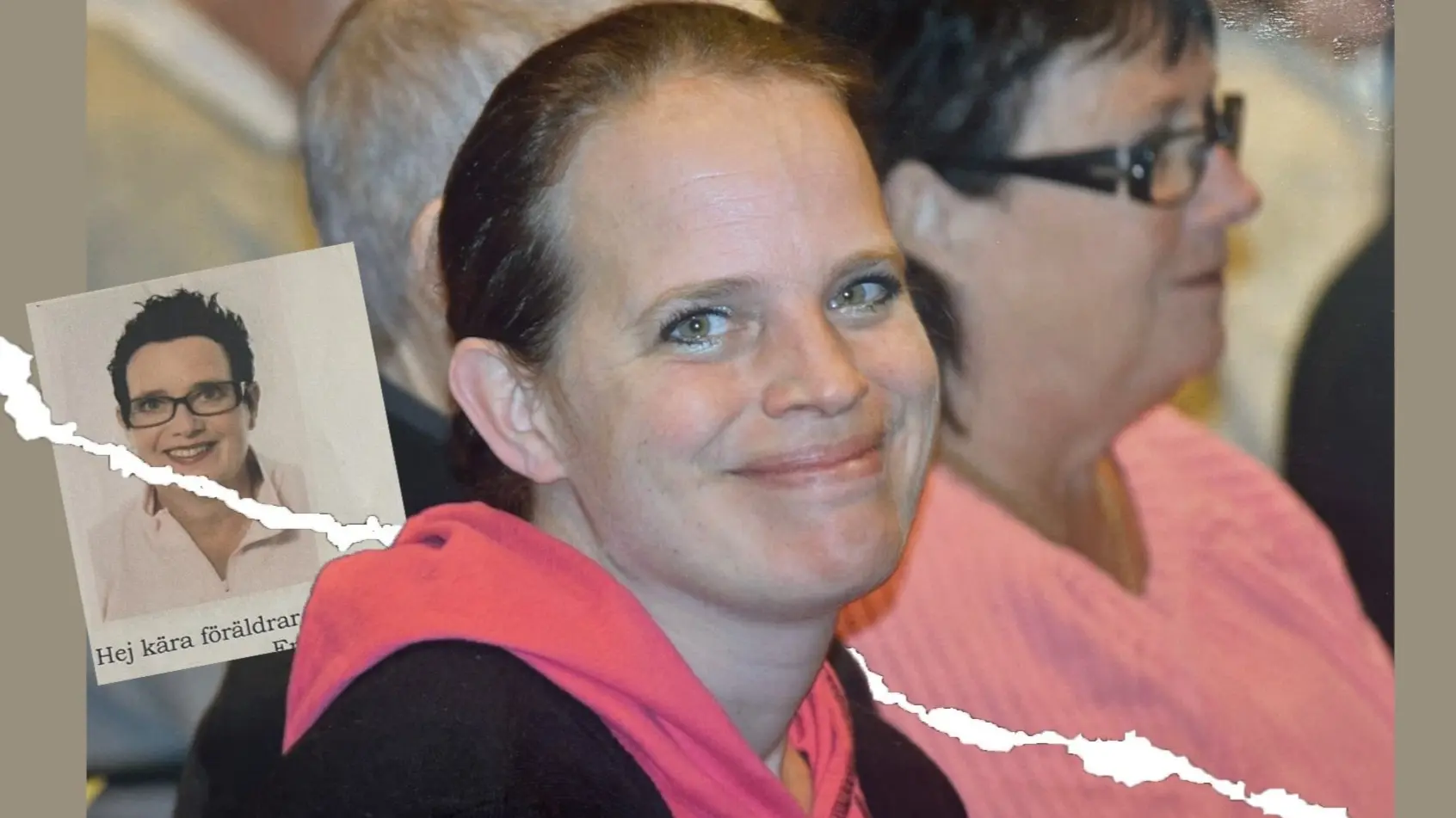 Linda ser in i kameran med sin mamma bakom sig