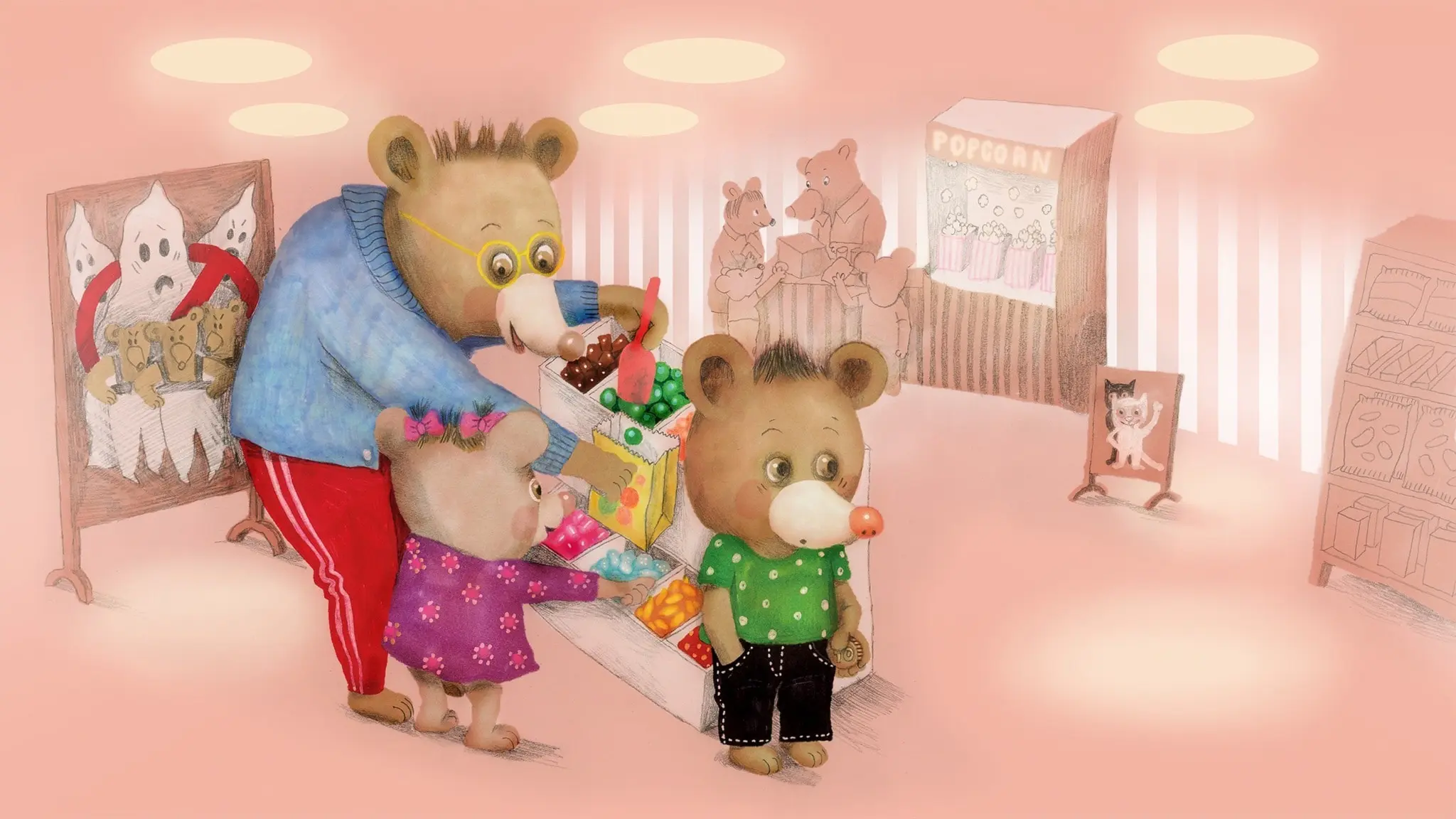 Nalle, pappa och lillasyster är på bio. Nalle funderar på vilken film de ska se. De andra väljer godis. Illustration: Lotta Geffenblad