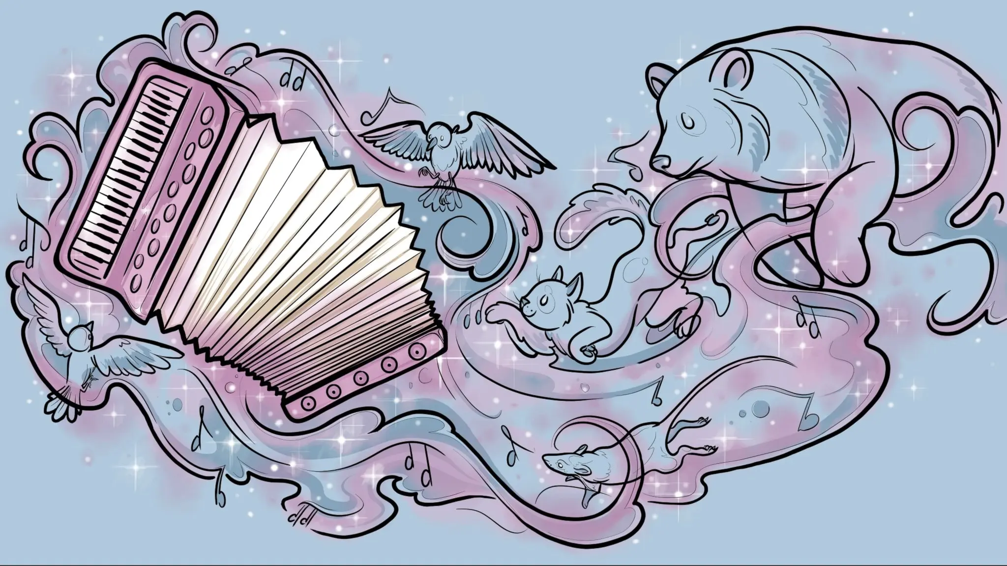 Ett dragspel omgivet av magiska vindar, gnistrande stjärnor och olika djur: fåglar, en ekorre, en björn. 