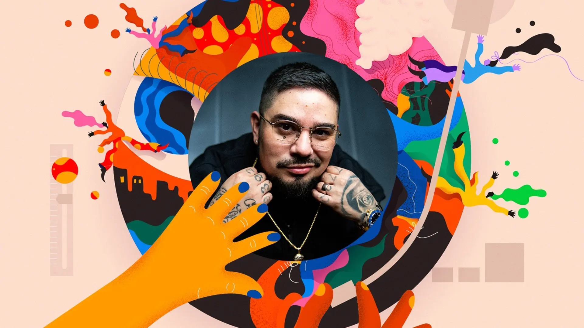 En illustration visar en färgglad vinylskiva. Två händer lägger skivan på plats i en vinylspelare. I mitten av skivan syns ett fotografi på Juan Havana.