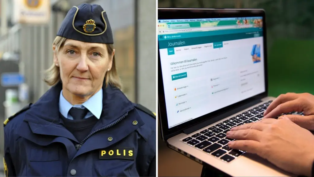 Polisuniform med texten 'Polis' syns till vänster. Till höger syns händer som skriver på en bärbar dator med en webbsida öppen, där en formulärsida visas. Bilden representerar polisarbete och vård.