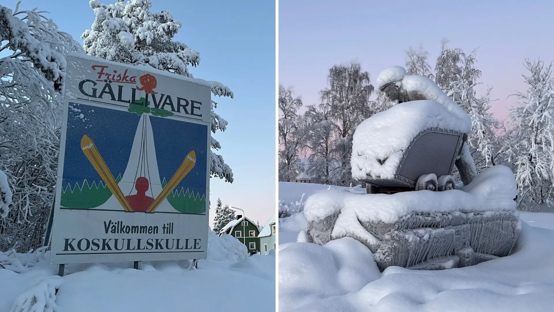 Två vinterbilder från Koskullskulle. Till vänster en skylt med texten 'Välkommen till Koskullskulle' och symboler för gruvindustrin. Till höger en snötäckt staty som föreställer en gruvarbetare som skjuter fram en gruvvagn. Bakgrunden är omgiven av frostiga träd.