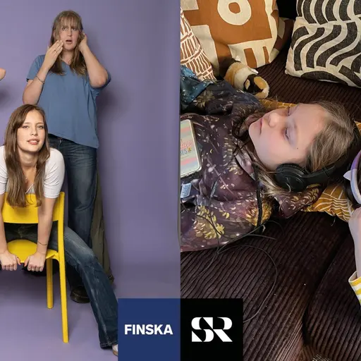 Kombo: undomar som fotograferas och barn som ligger på soffan och lyssnar med sina hörlurar. SR Finskas logotyp i mitten.