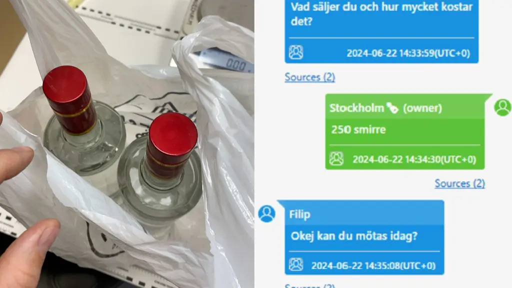 Spritflaskor i plastpåse intill en konversation på sociala medier mellan köpare och langare.
