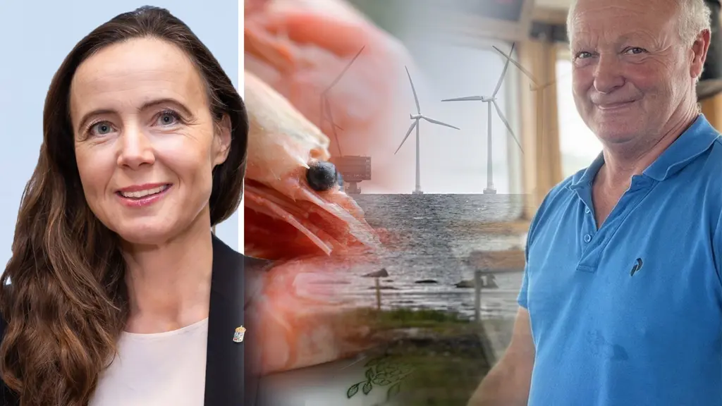 Till vänster en kvinna som arbetar på Länsstyrelsen i Västra Götaland. Till höger räkor och havsbaserad vindkraft och en man. 