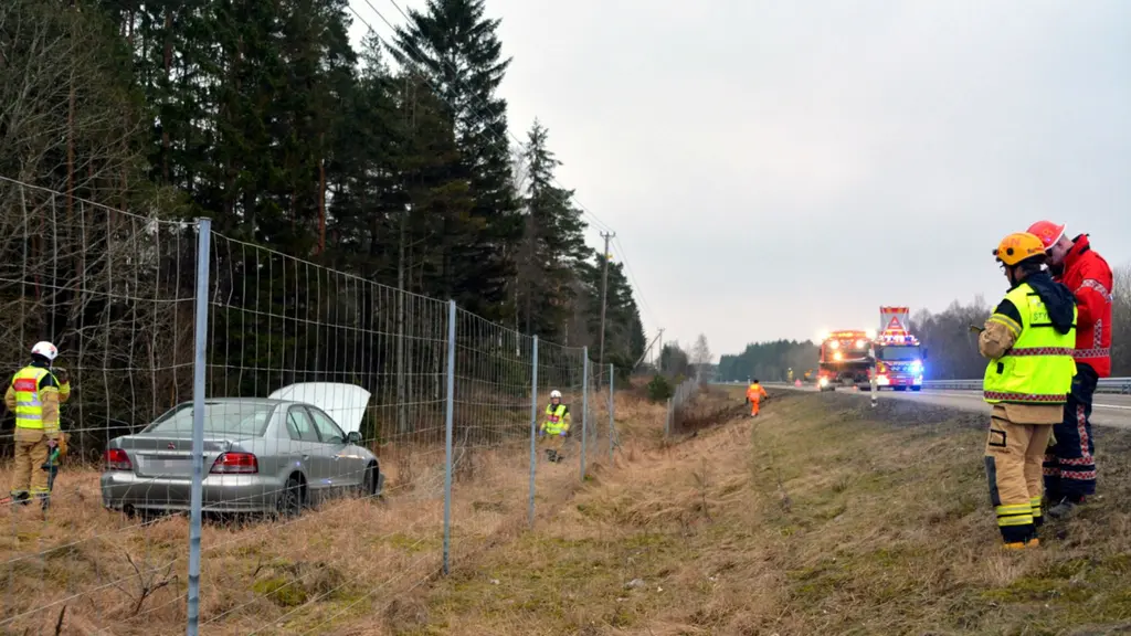 BIl som kört av vägen och dragit med sig viltstängsel.