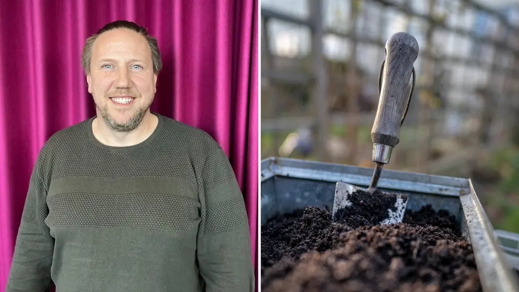 Till vänster en halvbild på en leende man framför ett rosa draperi. Till höger en bild på en liten odlingsspade som är nedstoppad i jorden.