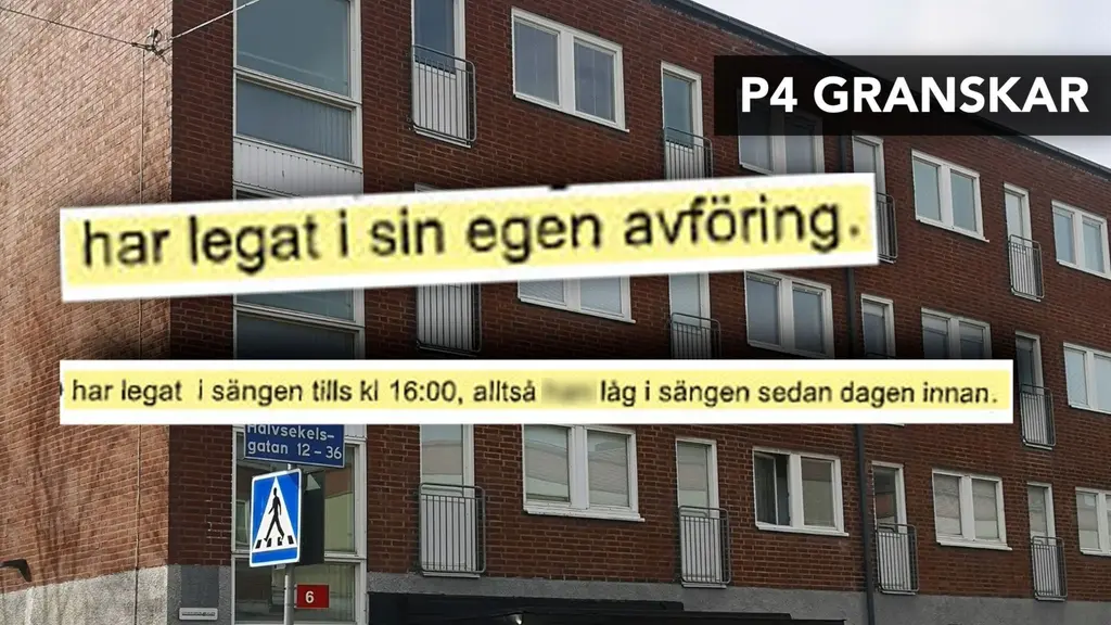 Ett flerbostadshus i tegel med stora fönster. En överlagrad text beskriver en situation kopplad till vård eller boende. Framför byggnaden syns en trottoar och ett övergångsställe.