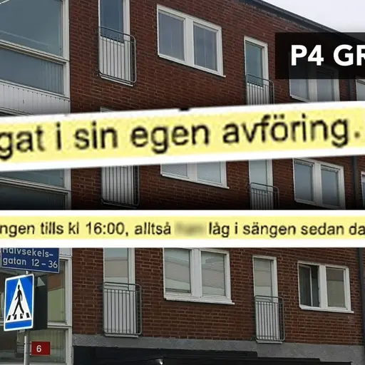 Ett flerbostadshus i tegel med stora fönster. En överlagrad text beskriver en situation kopplad till vård eller boende. Framför byggnaden syns en trottoar och ett övergångsställe.