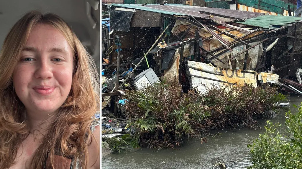 Alice Weibull från Lerum befinner sig mitt i en supertyfon på Filippinerna. Bilden visar förstörda byggnader vid en översvämmad flod, omgivna av växtlighet och regn.