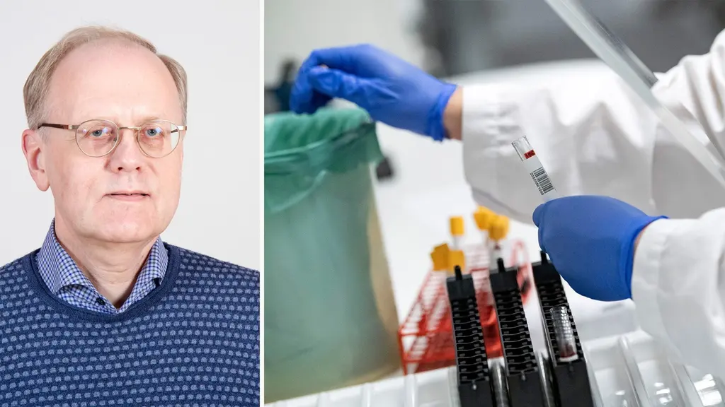 Bengt Wittesjö smittskyddsläkare Blekinge. Blå tröja. Glasögon. Intill bilden på honom finns en gengrebild från ett lab med provrör.