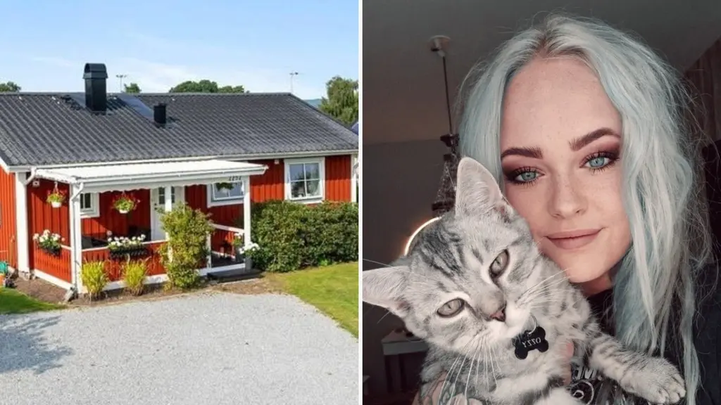 Delad bild. Till vänster syns en röd stuga. Till höger syns Mindy Nilblom som har ljust hår och håller i en katt.