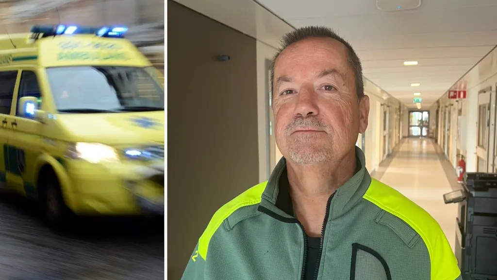 Delad bild: ambulans i fart till vänster och Paul Håkansson, tillförordnad chef för akutsjukvården i Region Blekinge, i sjukhuskorridor till höger.
