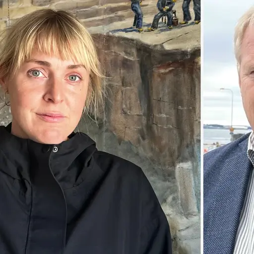 Porträttbild av Louise Möller framför en stor målning, intill ett porträtt av Carl Göran Svensson.