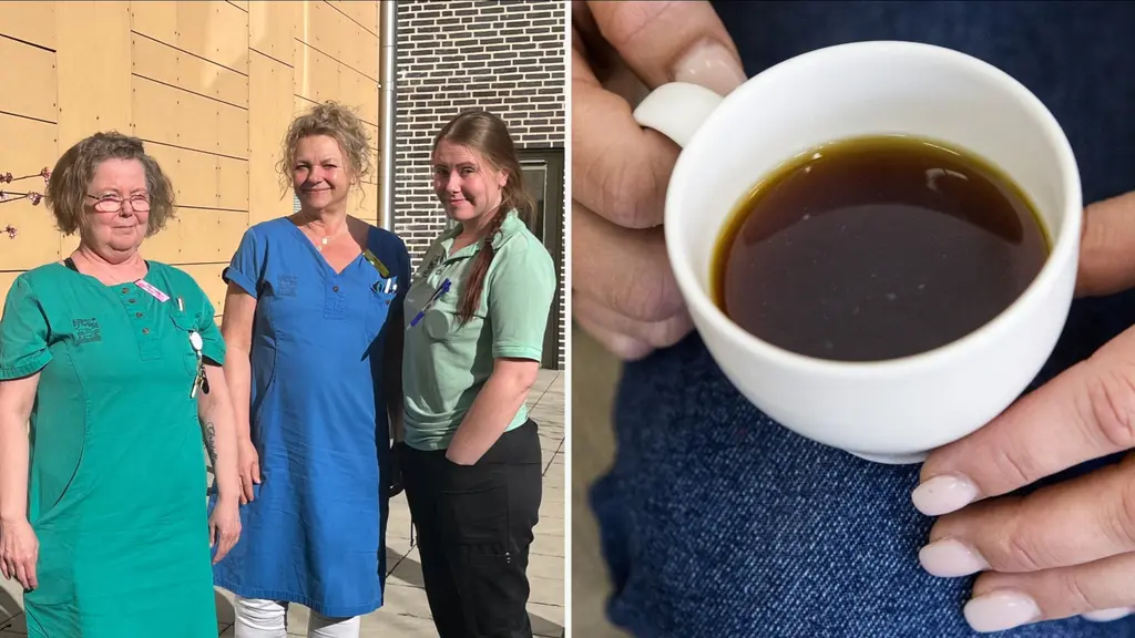 Tre personer i arbetskläder står utomhus framför en byggnad, medan en annan bild visar en kopp kaffe som hålls i en hand med välmanikyrerade naglar.