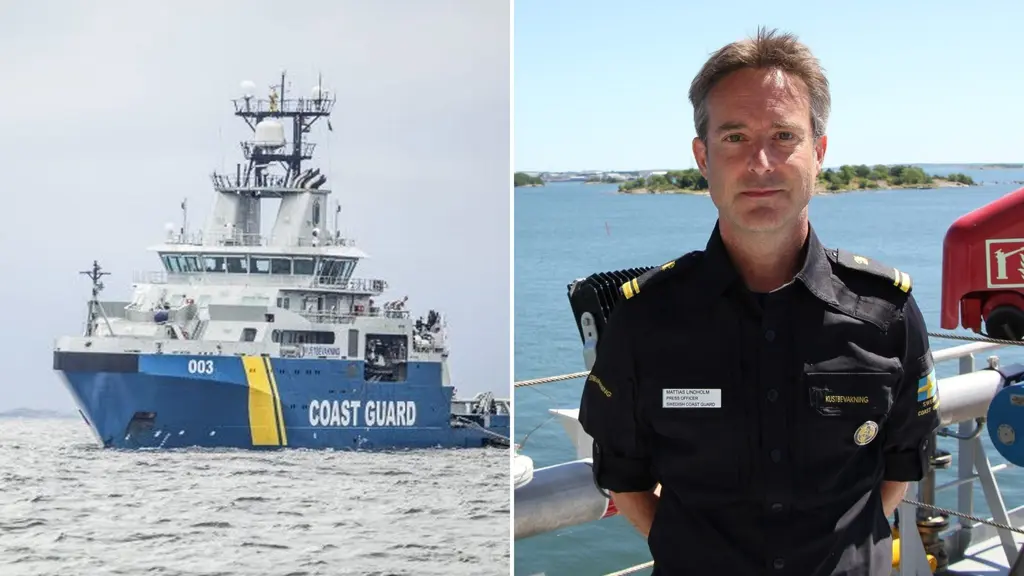 Bildmontage med Kustbevakningens fartyg på havet till vänster och en uniformerad tjänsteman vid kustnära miljö till höger. Fartyget är blått med gul rand och texten 'Coast Guard'.