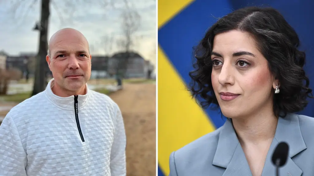 Bildmontage med två personer. Till vänster syns en person i vit tröja utomhus med träd i bakgrunden. Till höger en person i grå kavaj framför en gul och blå bakgrund.