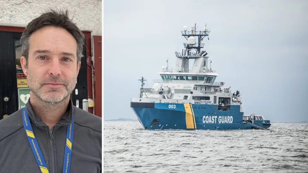 En man som tittar rakt in i kameran och ett Kustbevakningsfartyg ute på havet. 