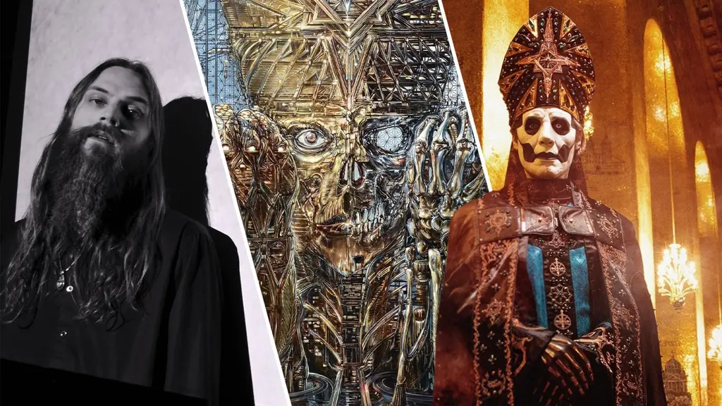 Max Grahn och Tobias Forge från Ghost, där Tobias är klädd som Papa Emeritus. Bilden visar ett montage med mörka och mystiska element, inklusive detaljer från en kyrka och en guldmask.