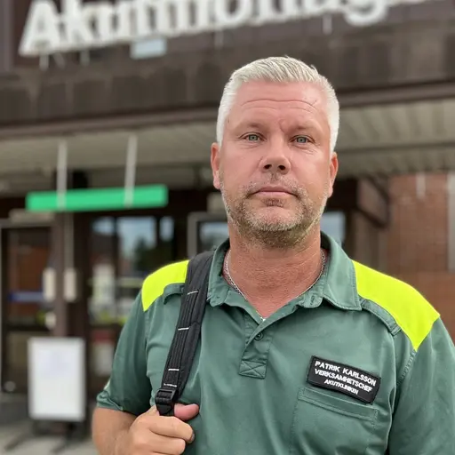 En man i ambulansuniform står utanför entrén till akutmottagningen.