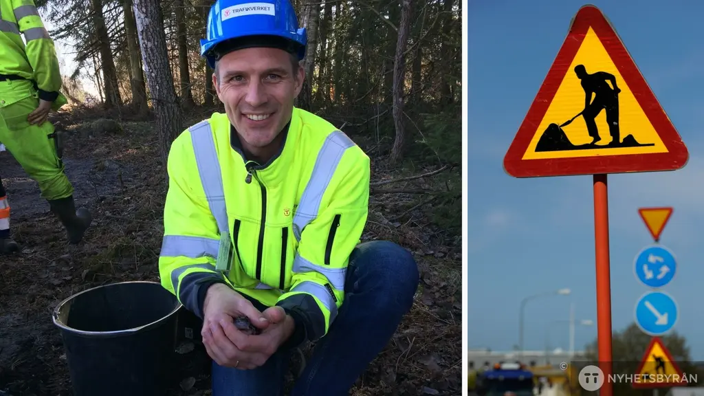 Mattias Eriksson, projektledare Trafikverket i ett montage med vägskylt på vägarbete.