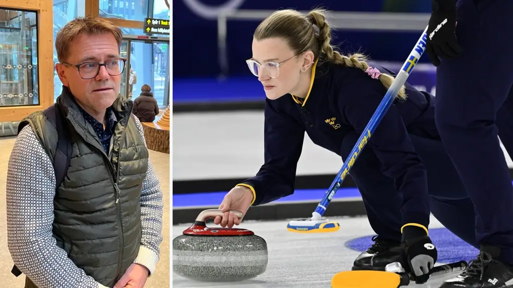 En bild uppdelad i två delar. Till vänster syns en person i en offentlig miljö med en rutmönstrad skjorta och mörk väst. Till höger en curlingmatch där en spelare precis släpper en sten på isen.