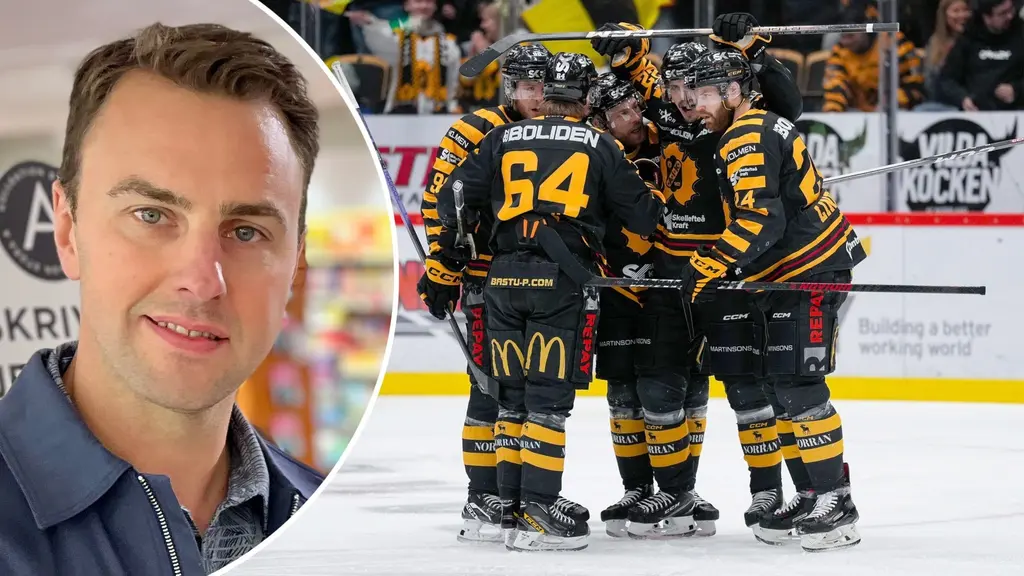 kollage med två bilder. Till vänster porträtt av Joakim Lindström, till höger bild av firande Skellefteå AIK-spelare