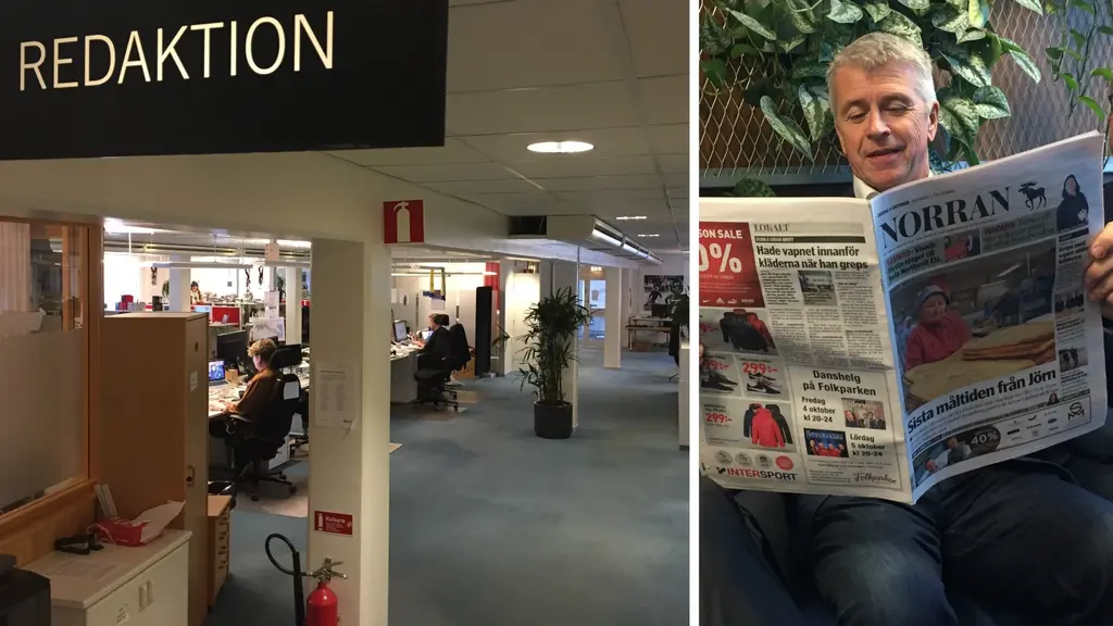 Norrans redaktion i montage med  VD Anders Westermark som sitter och läser i en tidning.