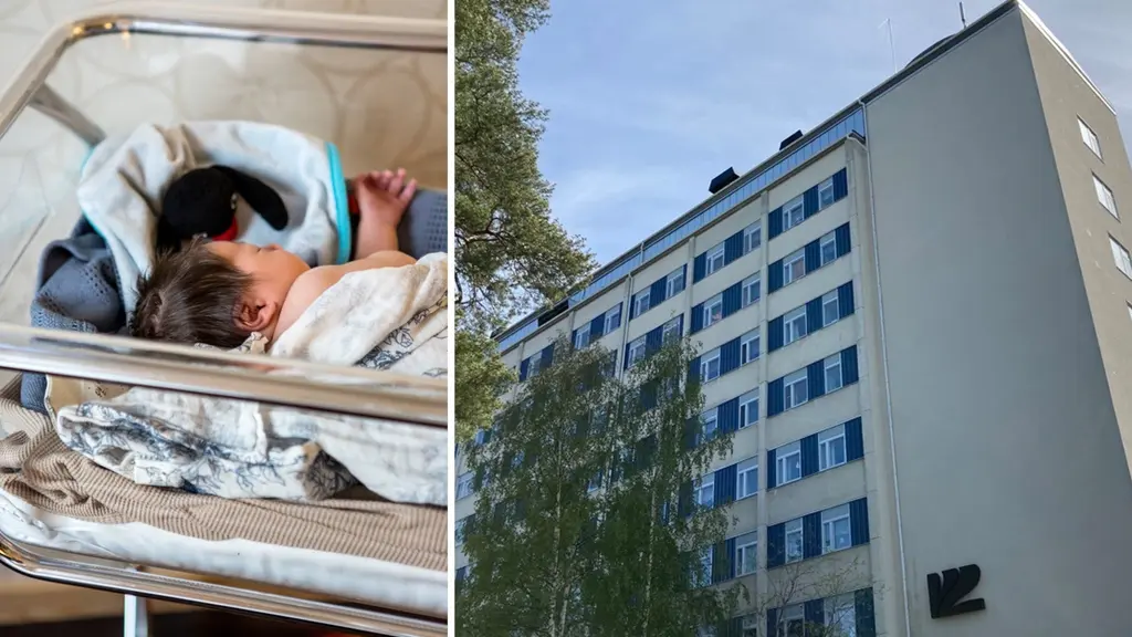 Kollage med två bilder. Till vänster bild av nyfödd bebis, till höger bild av lycksele lasarett.