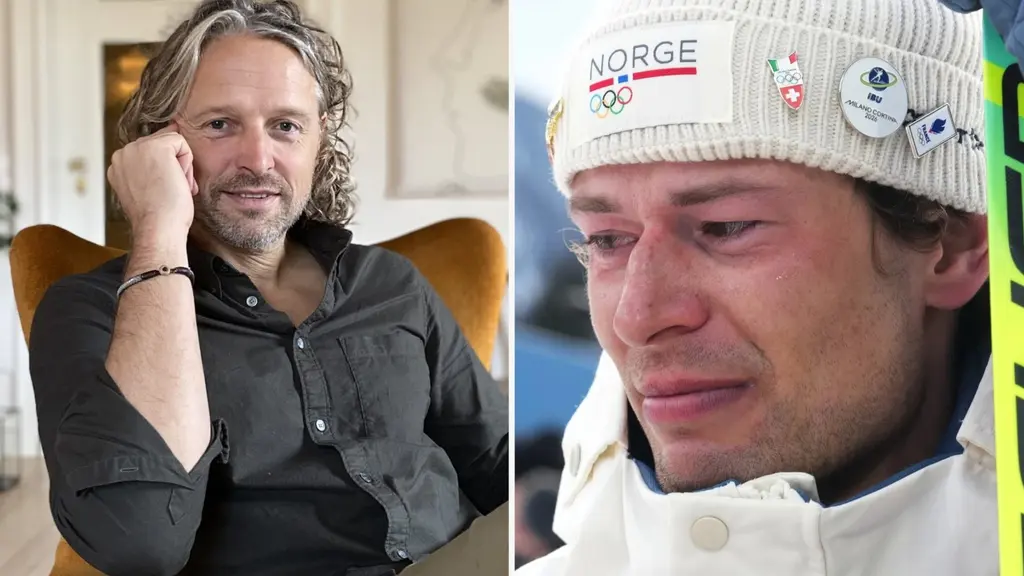 Till vänster syns en man i svart skjorta som sitter avslappnat i en fåtölj. Till höger syns en person i vit jacka och mössa med Norge-logotyp, fotograferad utomhus.