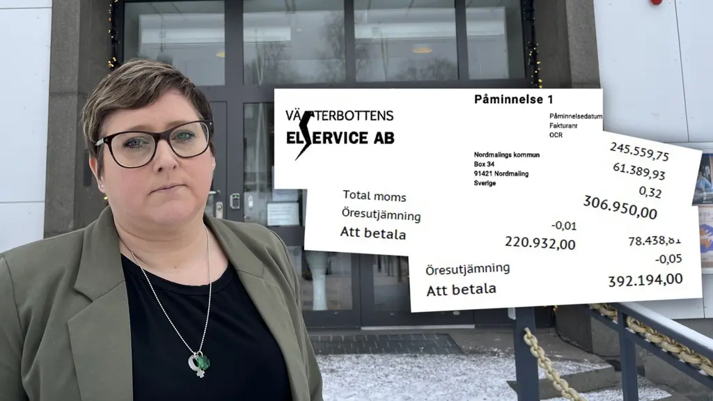 Madeleine Jakobssons (C), kommunalråd i Nordmaling, står framför en byggnad med glasdörrar. I förgrunden syns ett dokument/fakturor, med olika belopp och sammanställningar för betalning.