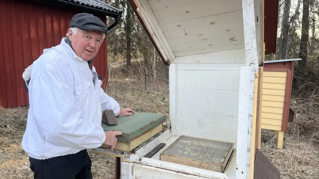man med keps står i vit jacka vid sin bikupa framför knuten på ett rött hus i en skog. 